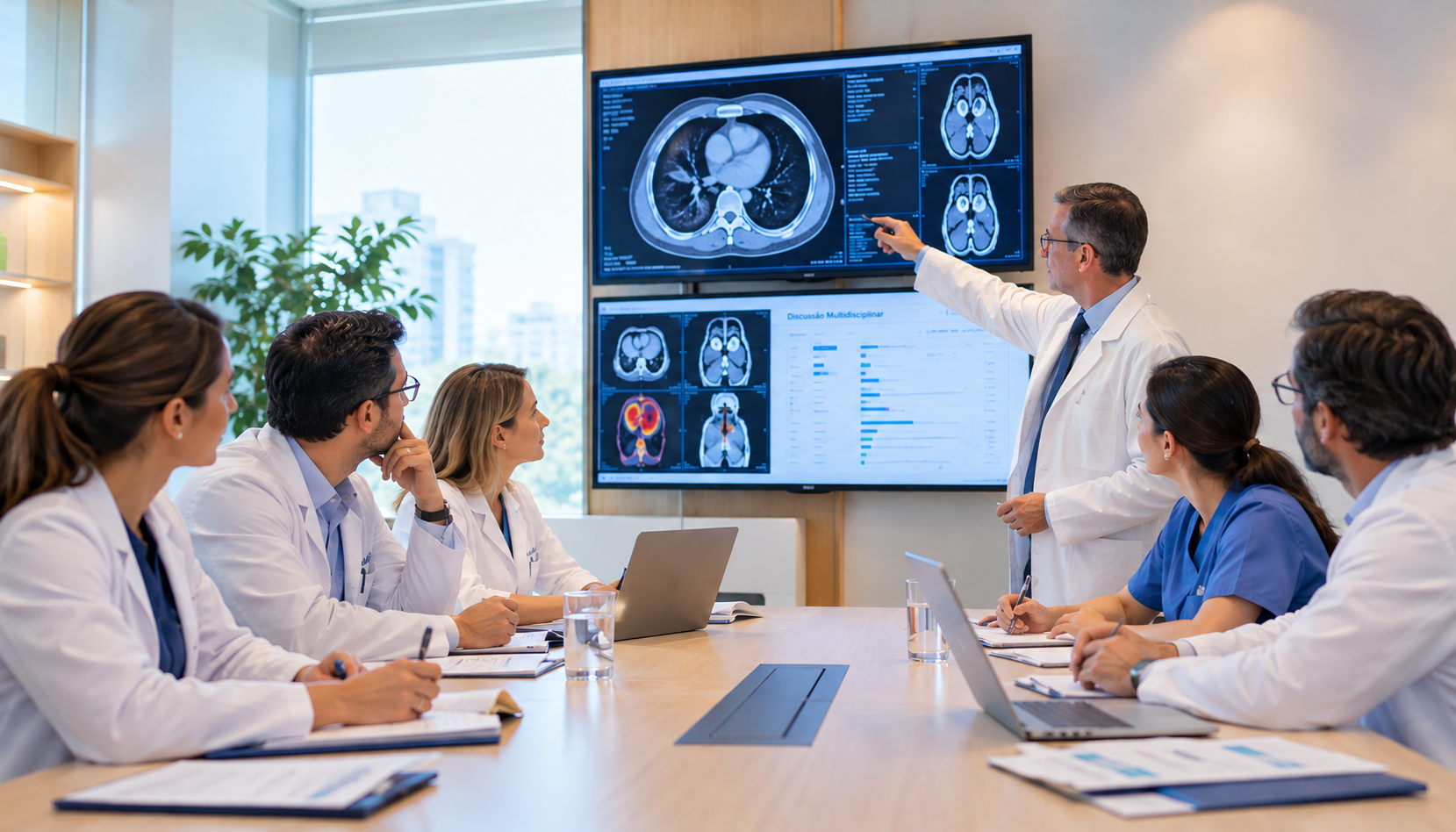 Profissionais analisando imagens médicas em um Tumor Board